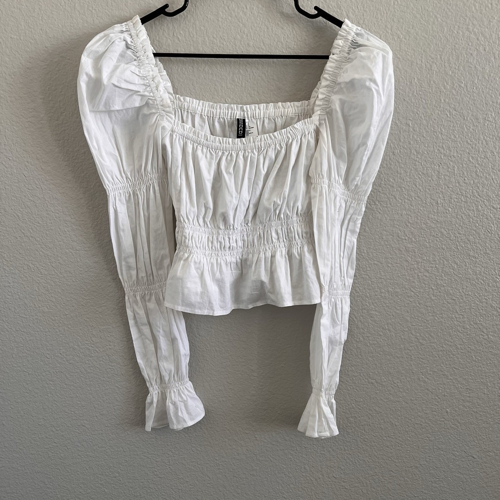 White Top Poet Sleeve Small Cottagecore Boho Milkmaid Square Neck - Picture 7 of 8
